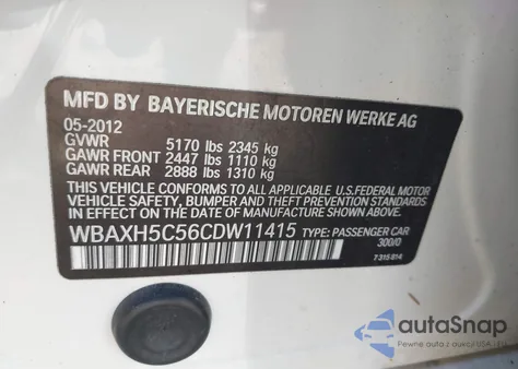 2012 BMW 528 Xi из США, поврежденный, VIN WBAXH5C56CDW11415